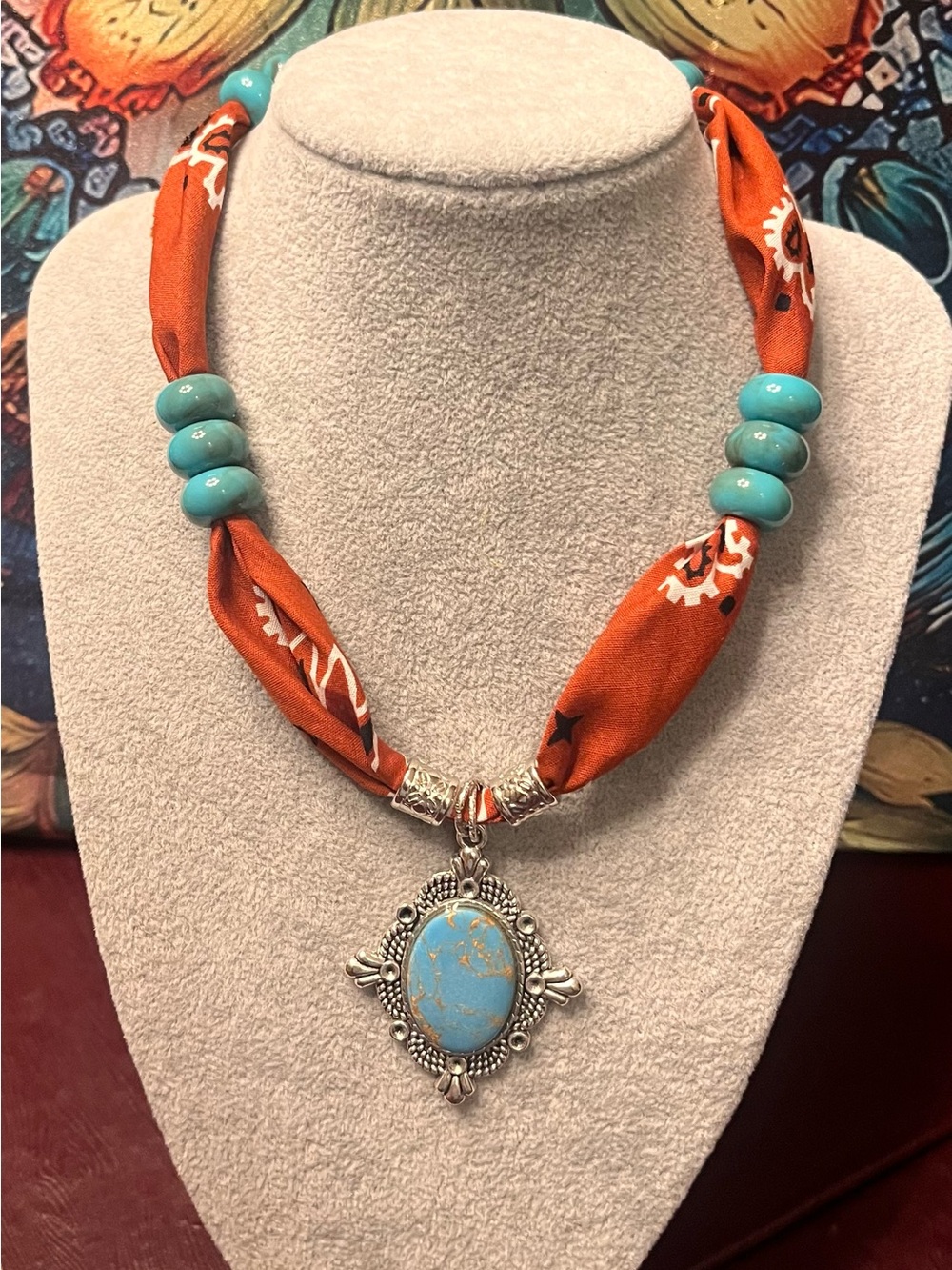 Blue Copper Turquoise Pendant Scarf Necklace on Premium Terracotta Bandana